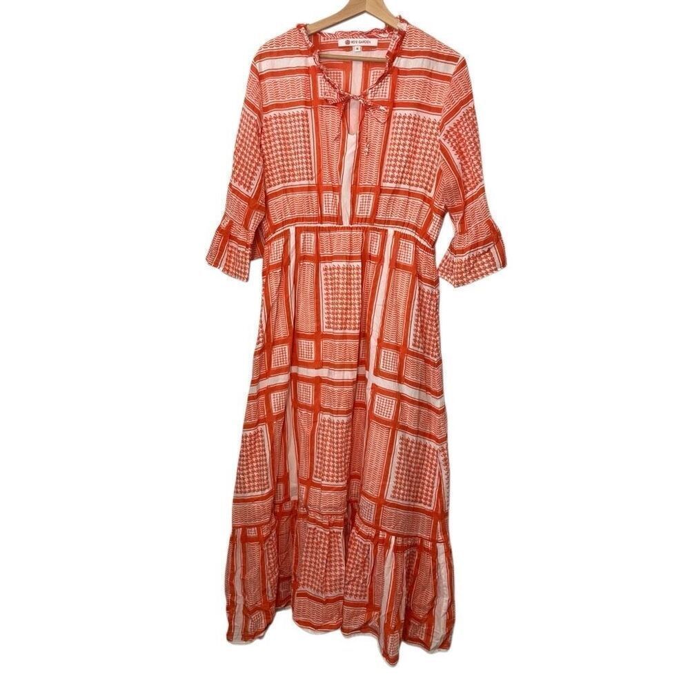 Ro's Garden Orange Plaid 3/4 Sleeve Maxi Dress Women's Size XL